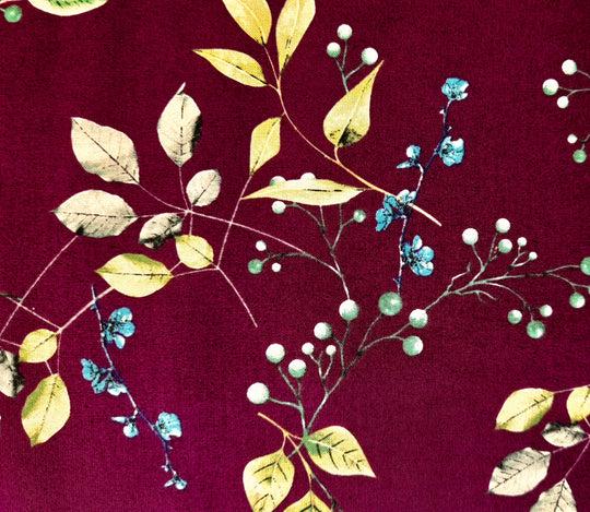 Gutermann Dressmaking fabric - "Ring a Roses" - foliage on burgundy