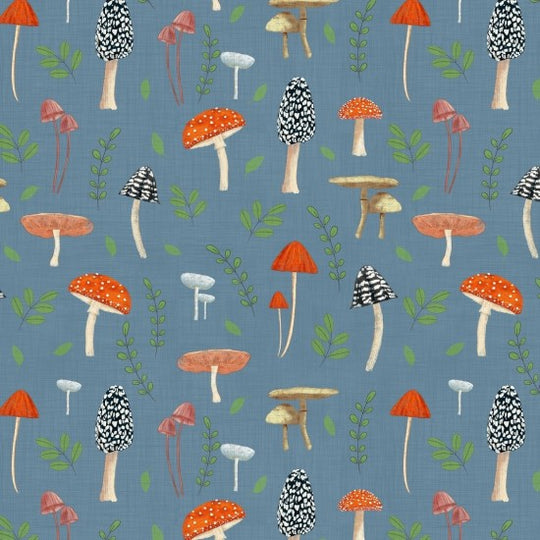 Whimsical Fields 105 mushrooms denim