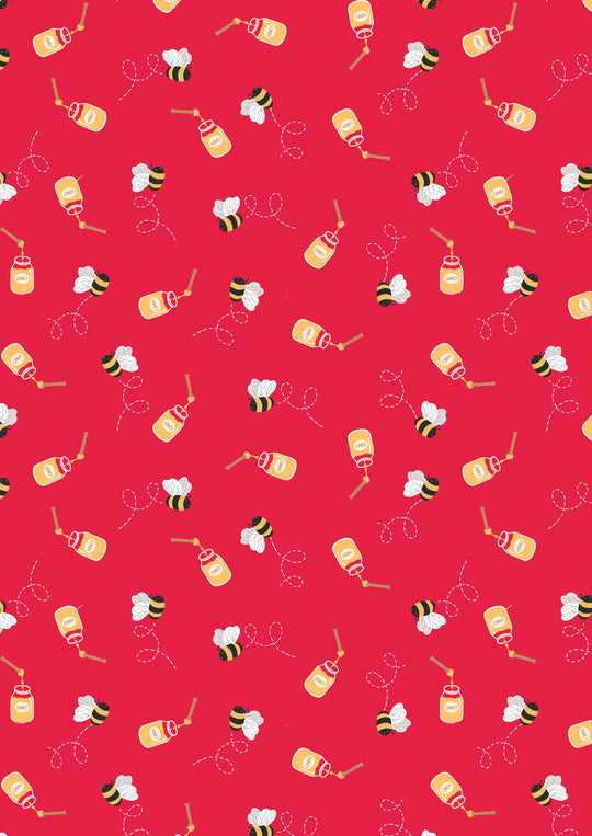 Teddy bears picnic- honey bees on red