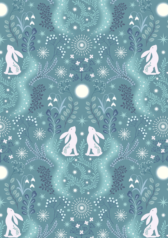 A Winter's Moon -winter hare on iced aqua with pearl