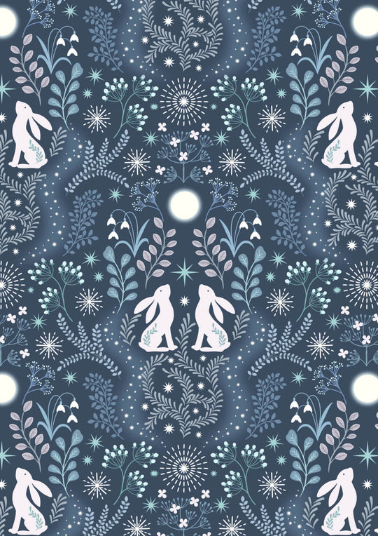 A Winter's Moon hare on dark blue