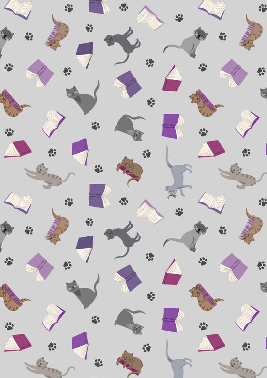 The Purrfect Bookclub Scatterd cats and books on grey