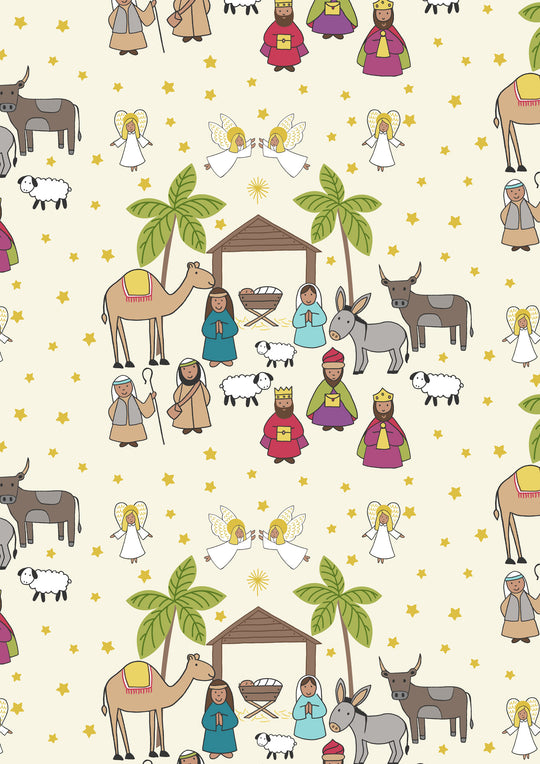 Away in a manger Nativity Scene on cream with gold metallic