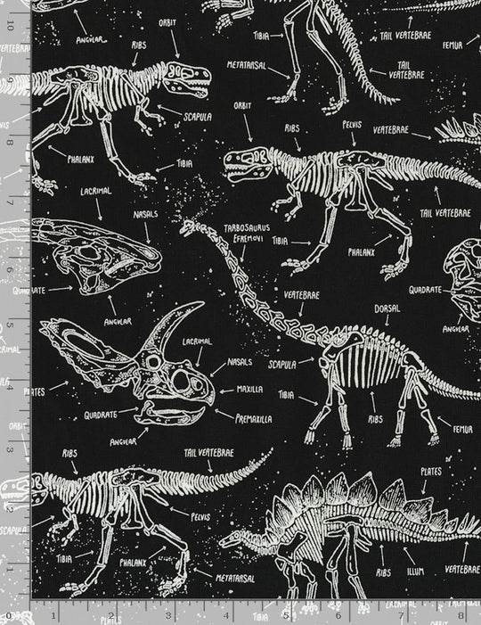 Black - Dinosaur skeletons Golw in dark- -100% Cotton fabric