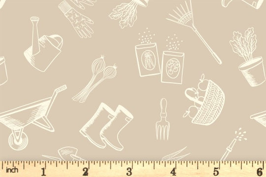 The Kitchen Garden Beige Garden Tools by Lewis and Irene 100% Cotton Fabric