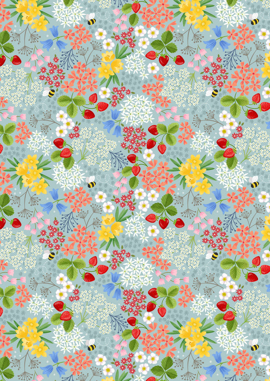 Teddy Bears Picnic - Strawberry Bee Floral on Blue