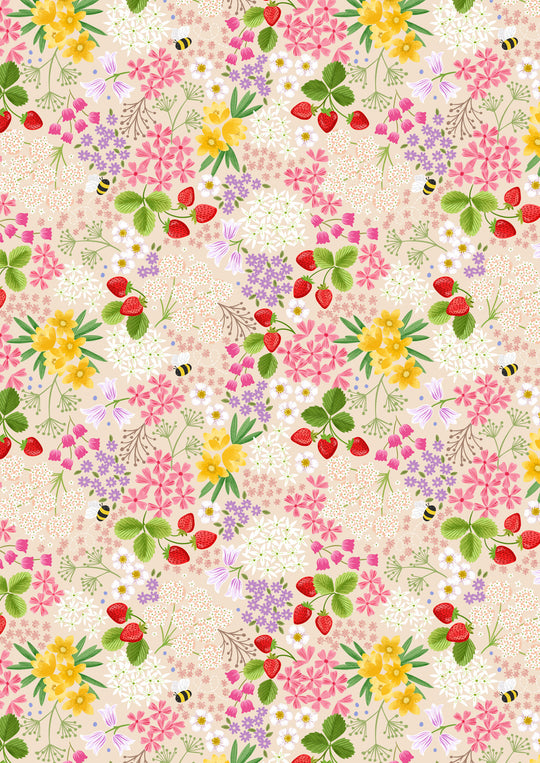 Teddy Bears Picnic - Strawberry Bee Floral on Cream