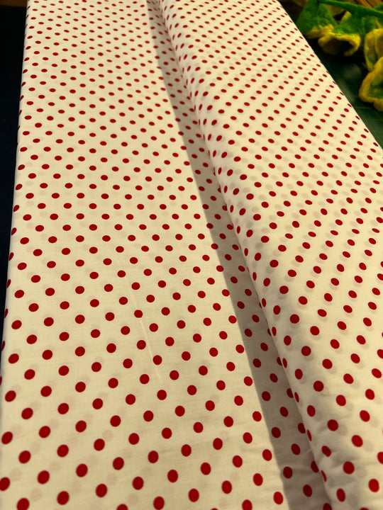White/Cherry Red Spotty Dressmaking Fabric - 100% Cotton fabric