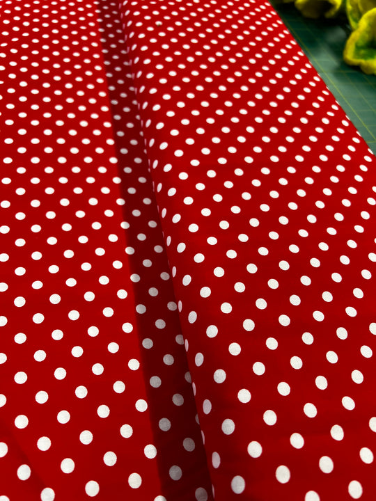 Cherry Red Spotty Dressmaking Fabric - 100% Cotton fabric