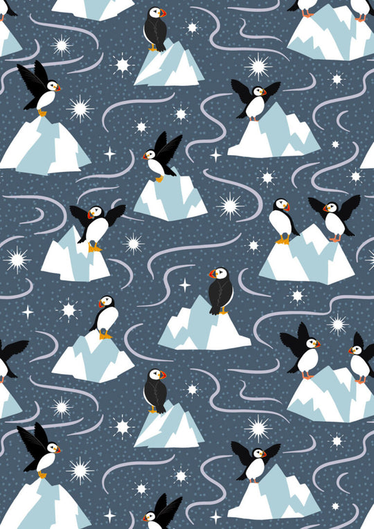 Where the Sky Dances -Puffins on dark blue