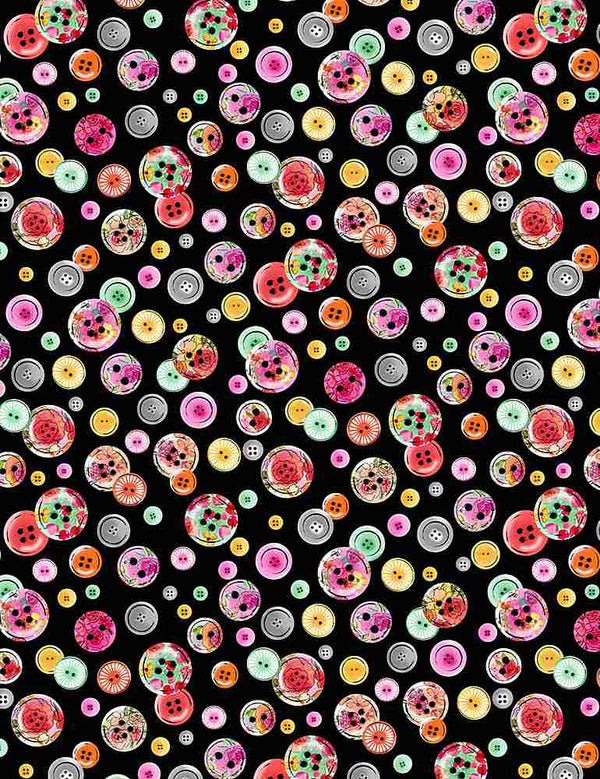 Gail - Colourful Buttons on black- 100% cotton fabric