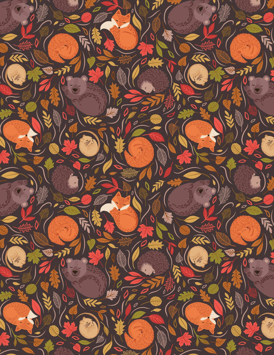 A Winter nap - Lewis and Irene - Hibernating animals (dark brown) - 100% Cotton Fabric