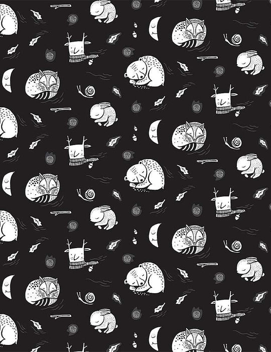 Brave enough to dream - black - sleeping woodland animals - Dear Stella - 100% Cotton fabric