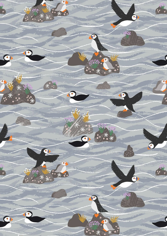 Puffins on Rocks Grey